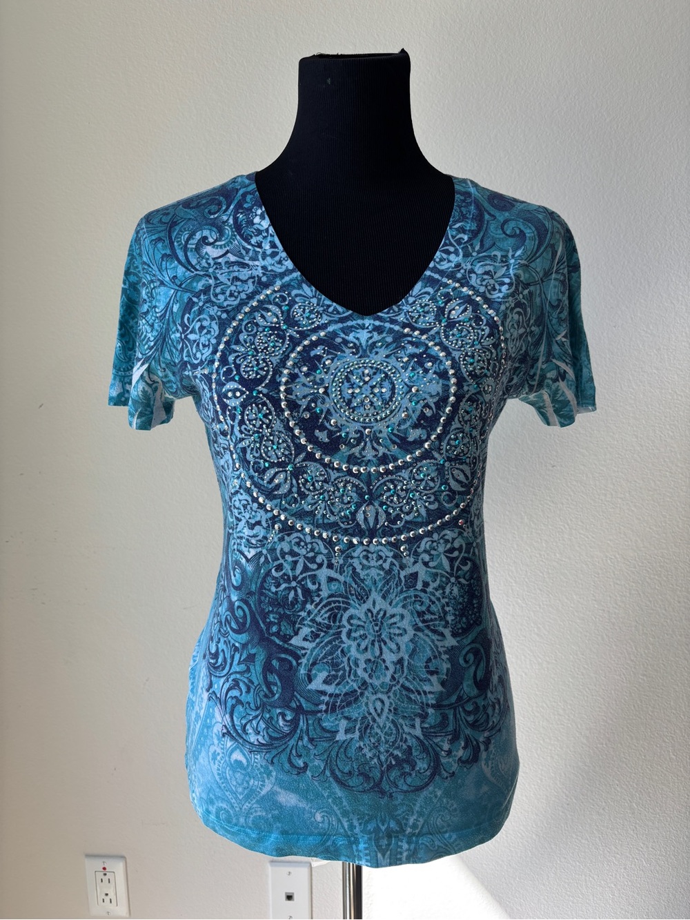 Blue Paisley Patterned V-Neck Women's Top with Rhinestones